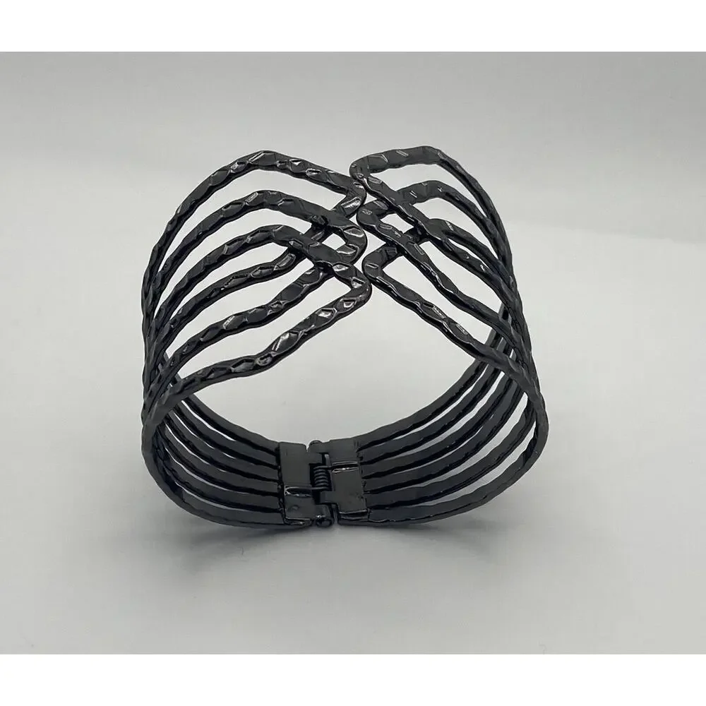 Gun Metal Gray Hammered Open Weave Wide Clamper Cuff Statement Bold Bracelet - Picture 9 of 9